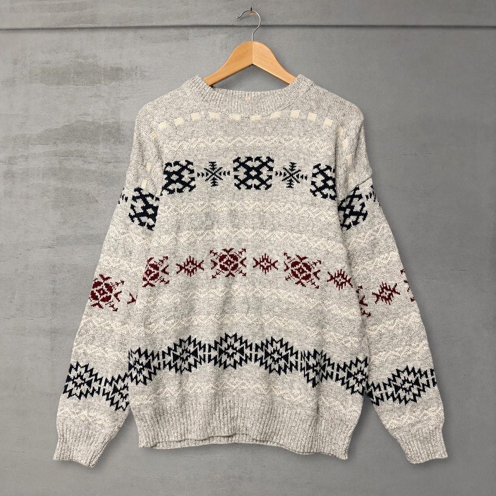Vintage Arcadia Sweater Gray Fair Isle‎ Geometric Knit Cotton Crew Neck Large